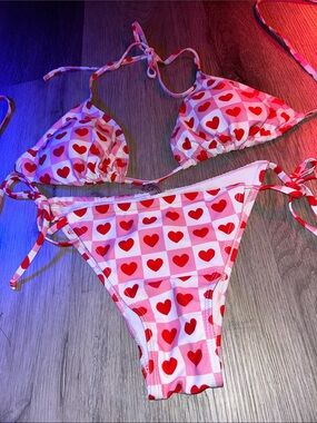 Pink & Red Checkered Heart Triangle Bikini Top and bottom set
